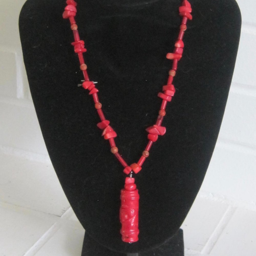 Chinese Red Coral Carved Rabbit Necklace